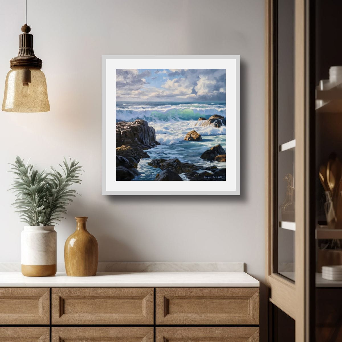 Rocky Shore and Crashing Waves | Original Oil Painting | 20″ x 20″