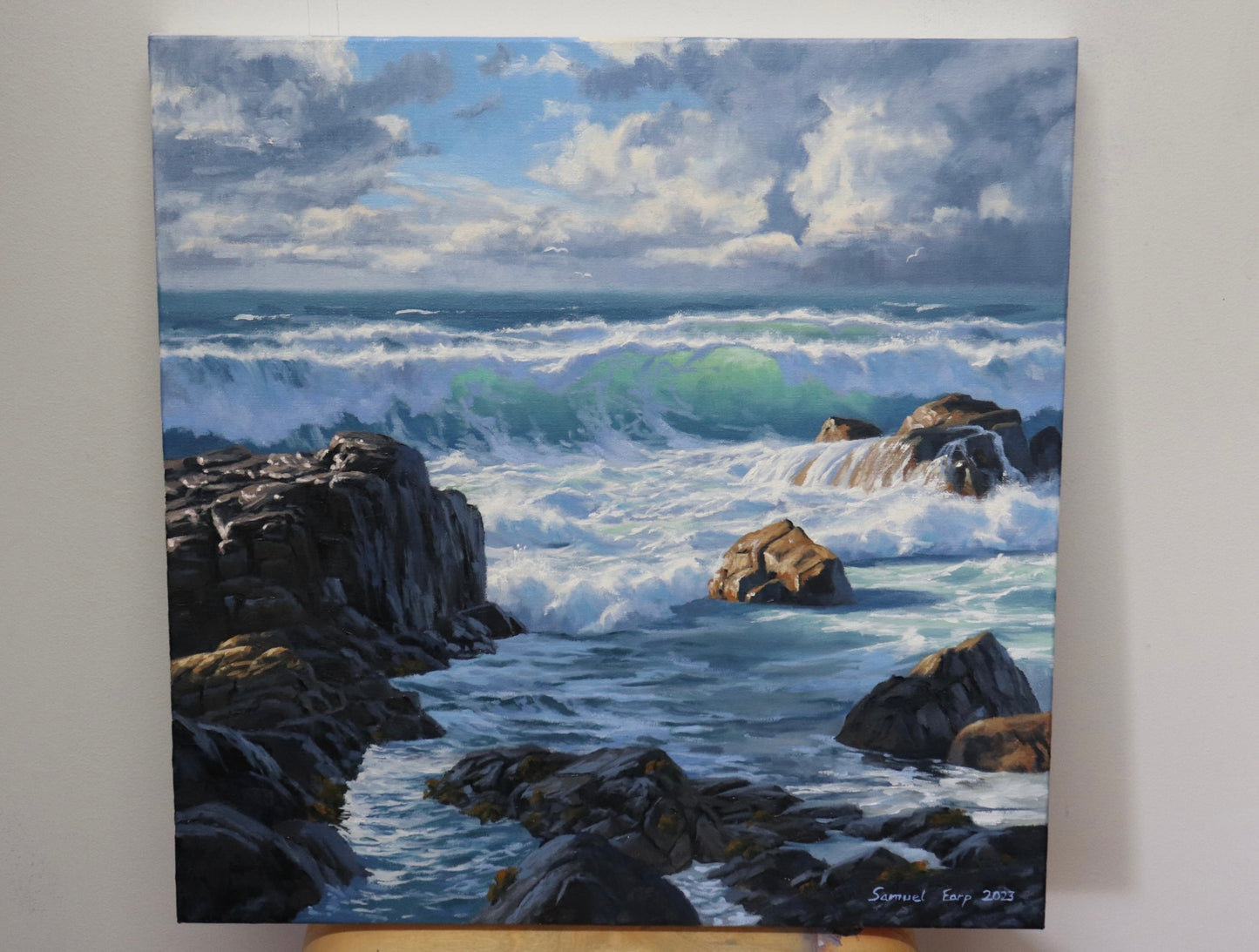 Rocky Shore and Crashing Waves | Original Oil Painting | 20″ x 20″