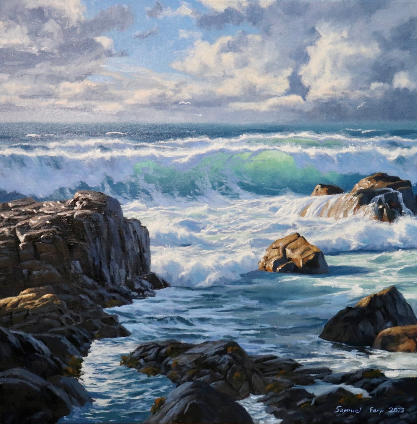 Rocky Shore And Crashing Waves Original Oil Painting 20 X 20 rocky-shore-and-crashing-waves-original-oil-painting-20-x-20